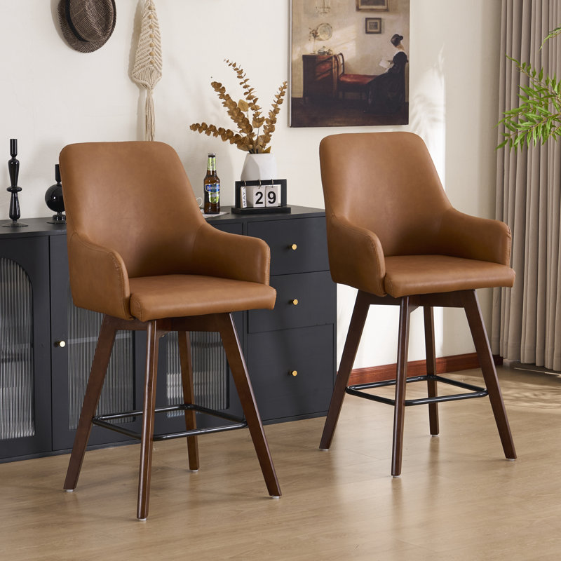 Solid Wood Upholstered Swivel Bar and Counter Stool, Brown Faux Leather, 2