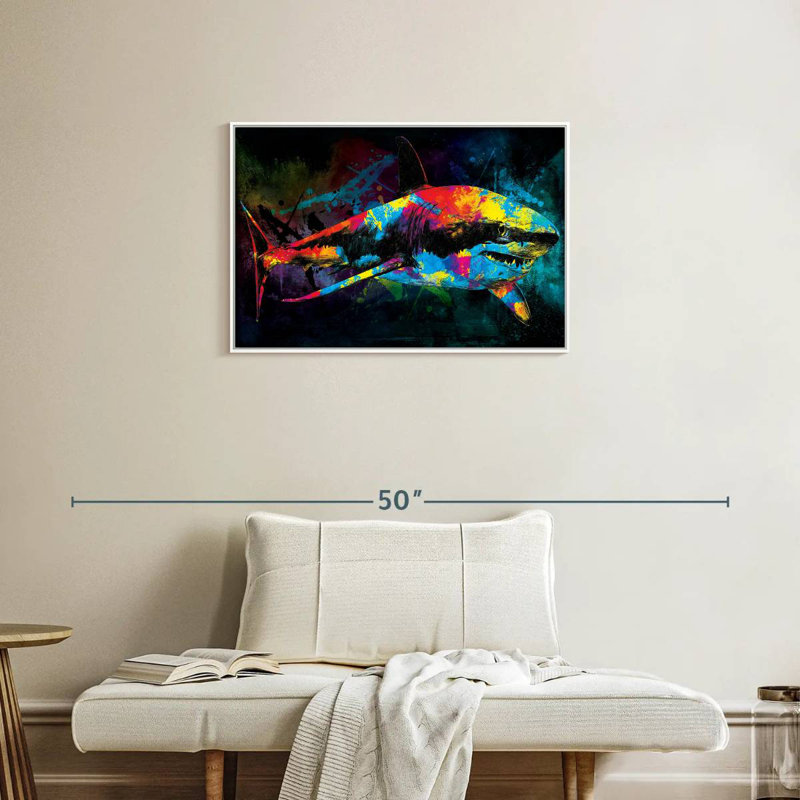 Grand requin blanc couleur grunge, Cadre flottant blanc, 31 po x 21 po