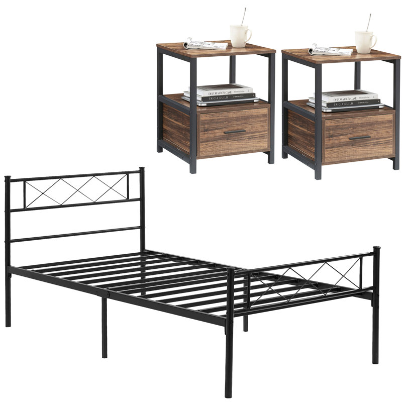 Ensemble de chambre configurable avec lit plateforme 3 pièces Kempst, Brun, Simple