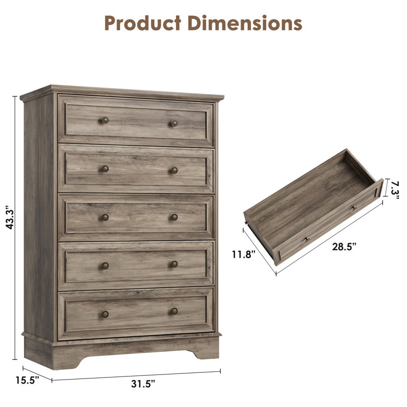 5-Drawers Dresser for Bedroom , Wood Rustic Tall Chest of Drawers with Vintage Design, Farmhouse Closet Organizer for Bedroom, Living Room, Hallway, Grey