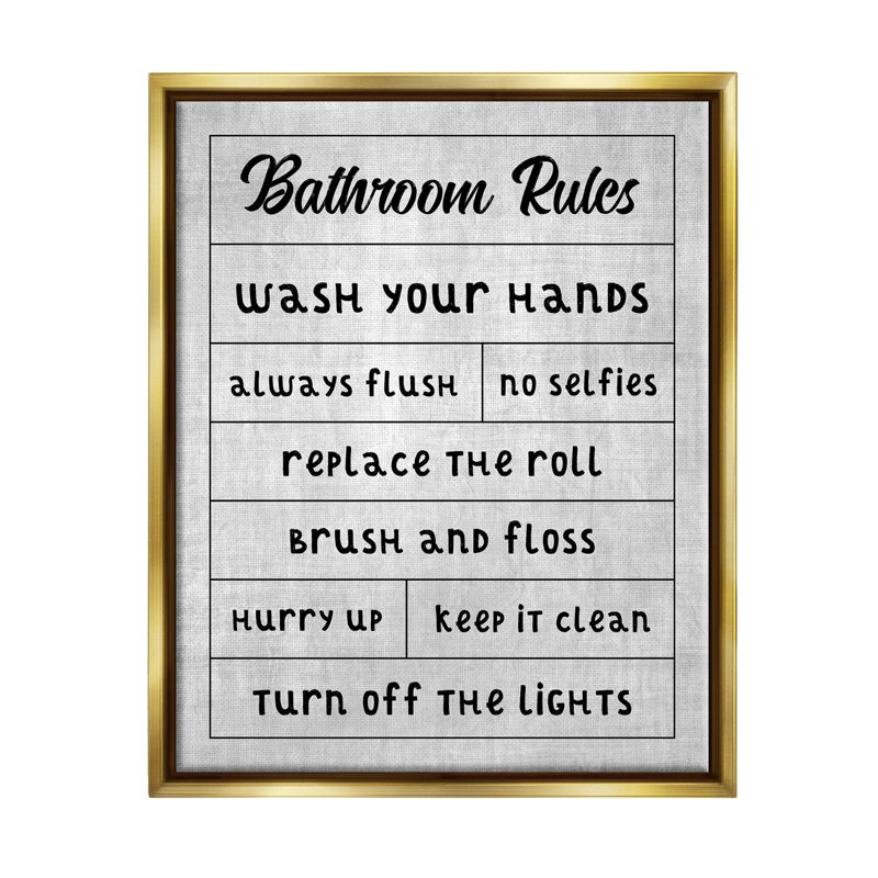 "Bathroom Rules", giclée par CAD Designs, H 21 po x l 17 po x P 1,7 po, Cadre flottant métallique doré