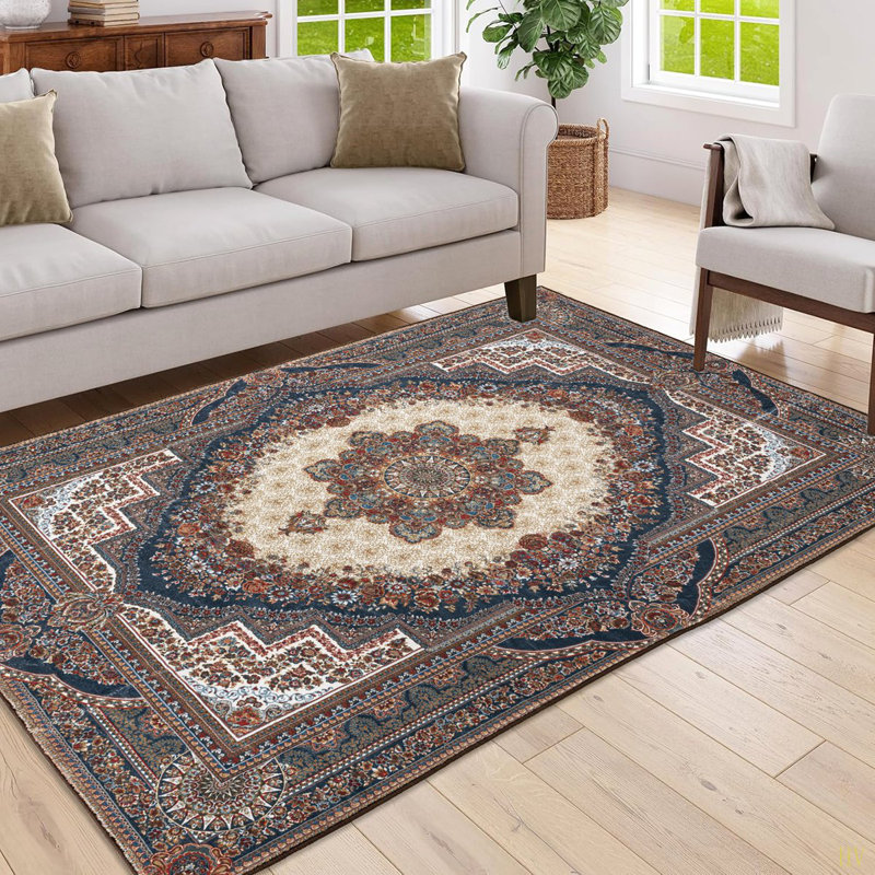 Area Rug 5X7 Vintage Bohemia Large Persian Non-Slip Washable Rug For Living Room Kitchen Bedroom Living Room Flower Design
