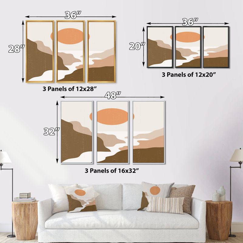 «Lanscape with Full Moon in Terracotta Tones», reproduction de cadre flottant sur toile 3 pièces, H 28 po x l 36 po x P 1 po