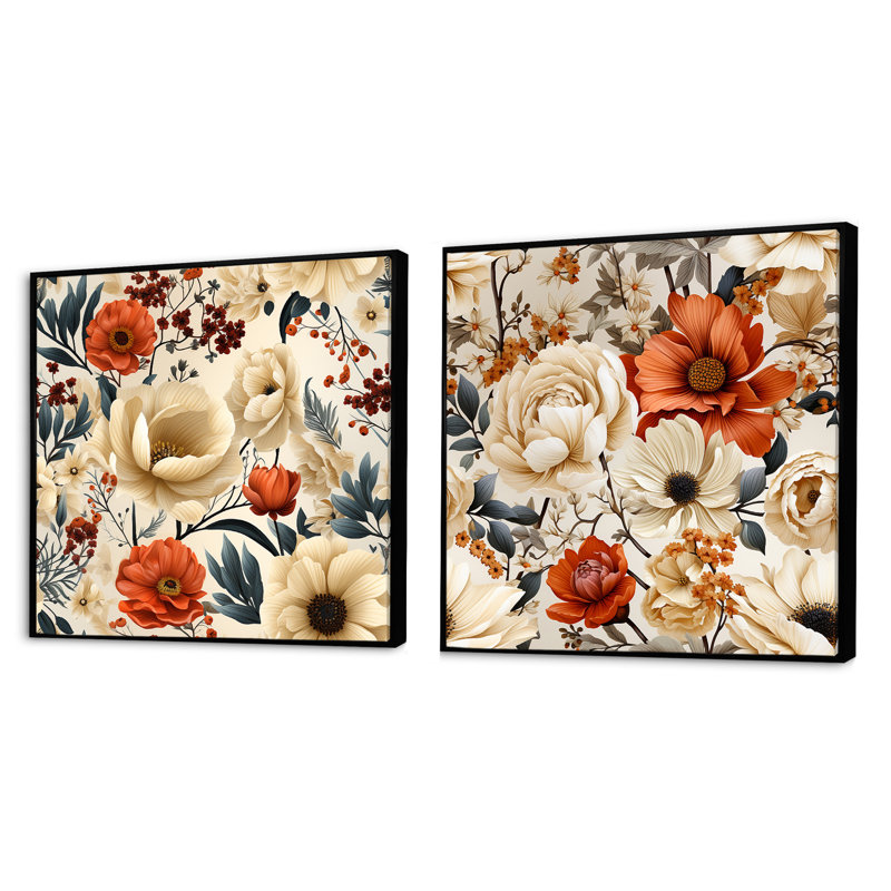 Bellête - Ensemble de 2 collages carrés floraux, Cadre flottant noir, H 30 po x l 61 po
