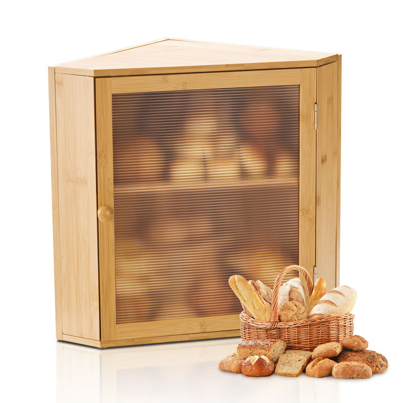 Corner Bread Box for Kitchen Counter Double Layer Bamboo Storage Container , Natural Wood