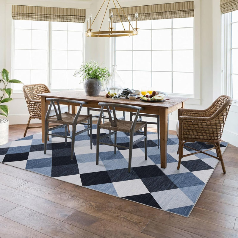 Machine Washable Plaid Rug for Hallway, Kitchen, Bedroom, Living Room, Navy & White, Abstract Geometric Design