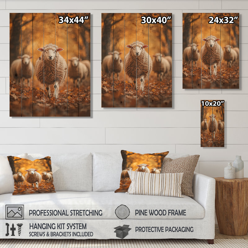 «Autumn Wanderers Sheep Portrait II» - Art mural en bois de mouton - sur bois de pin naturel, H 44 po x l 34 po x P 0,78 po
