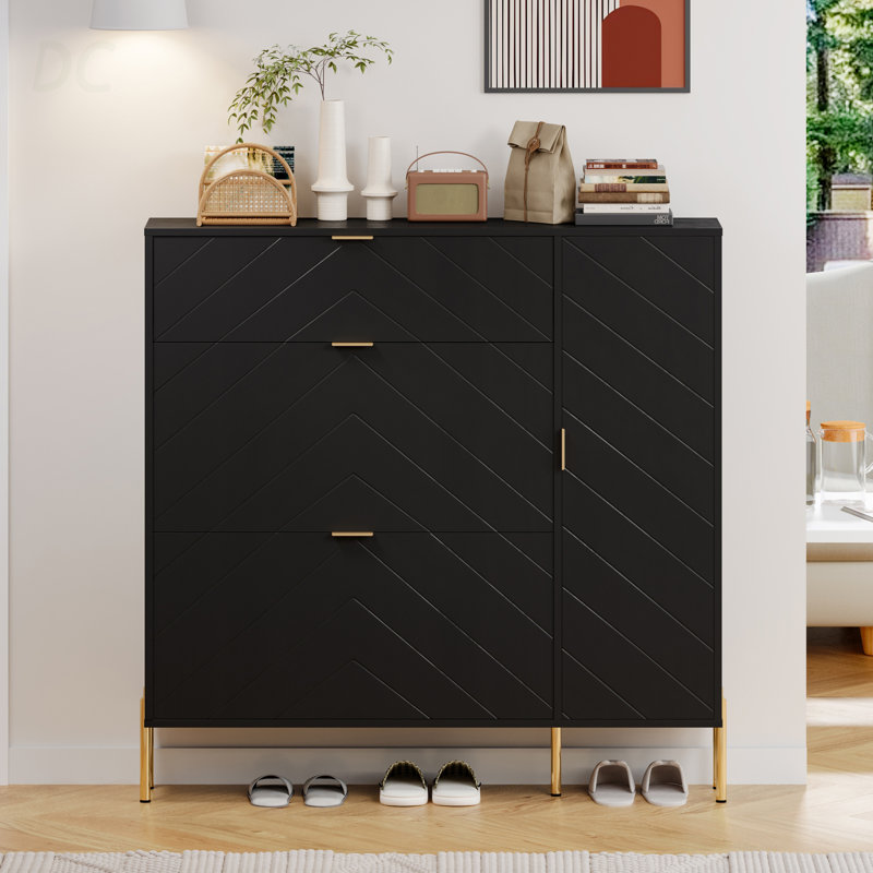 Armoire de rangement en MDF pour chaussures avec tiroirs et tablettes rabattables (noir), buffet, Noir