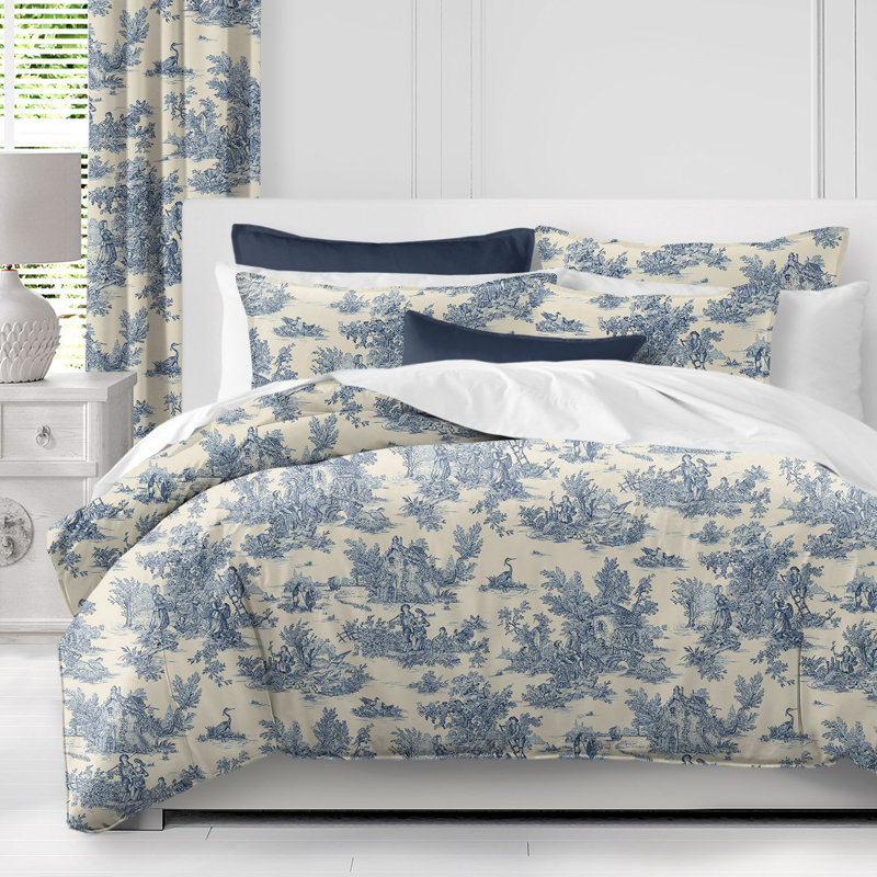 Toile De Jouy Standard Cotton Duvet Cover Set, Blue, Super Queen Duvet Cover + 2 Shams