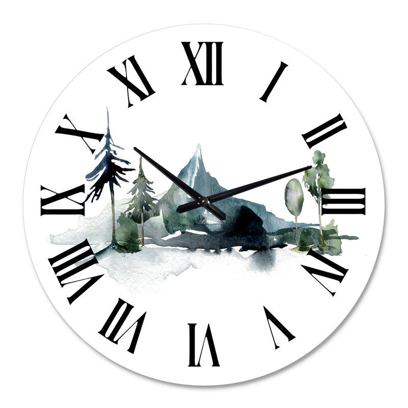 Minimaliste montagnes d'hiver et forêt de sapins II - horloge murale moderne, Grand