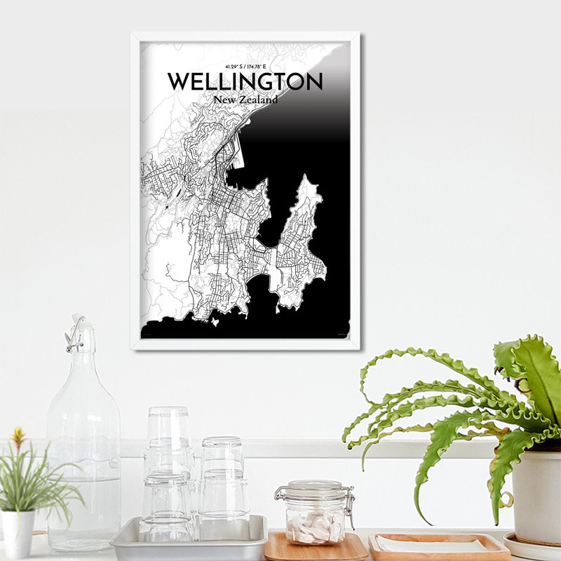 Wellington, carte de la ville, impression, H 27,6 po x l 19,7 po, Noir / blanc