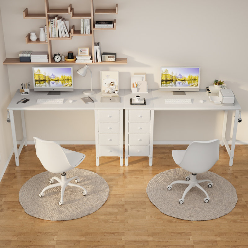 Computer Desk with 4 Drawers, Fabric Drawers Writing Desk, White, 29.5" H x 47.2" W x 19.7" D