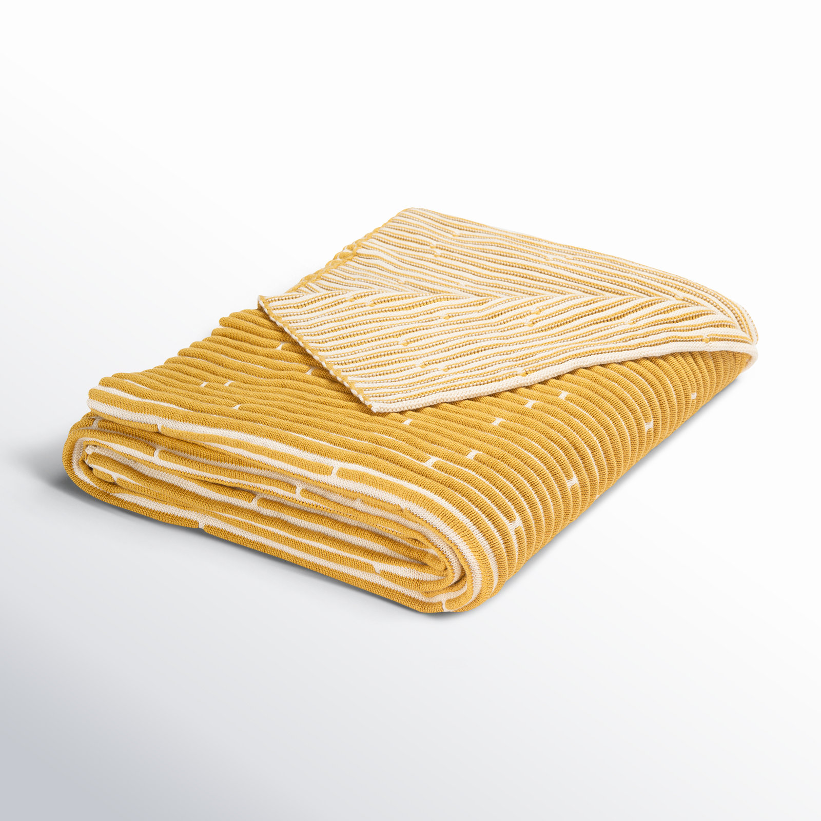 Lilia Cotton Knitted Throw Blanket, Mustard/Beige