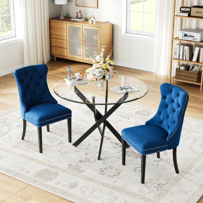 3-Piece Dining Table Set, 36" Round Tempered Glass Table And 2 Tufted Velvet Upholstered Chairs With Nailhead Trim And Pull Ring
