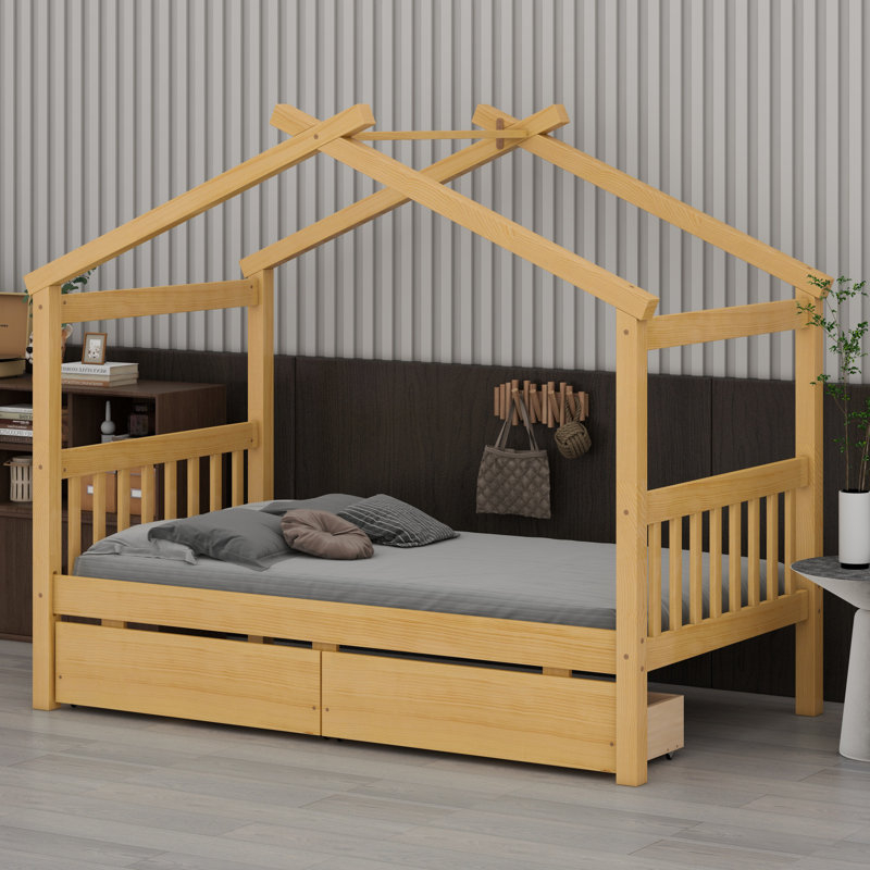 Wooden House Bed With Drawers, Natural, Full / Double