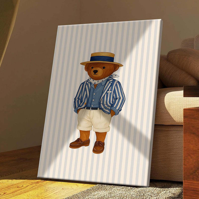 Funny Sailor Suit Teddy Bear Poster Minimalist Straw Hat Shirt Trousers Animal Wall Art Canvas Printed Posters For Home Bedroom Bathroom Wall Decor Wrapped Framed Ready To Hang