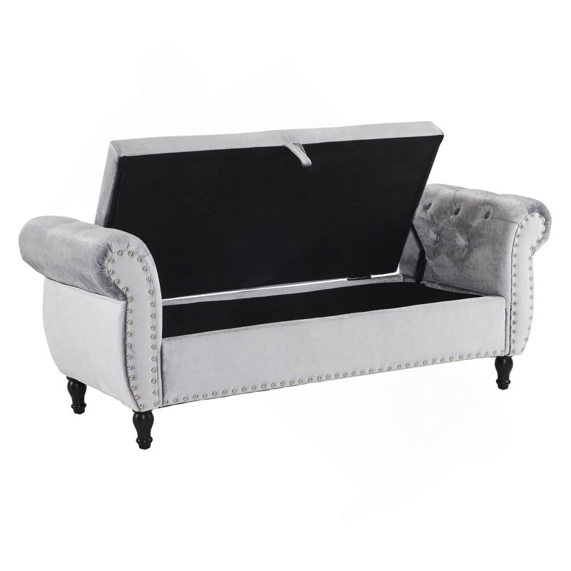 Banc repose-pieds rectangulaire en velours avec rangement et 1 coussin décoratif, Gris