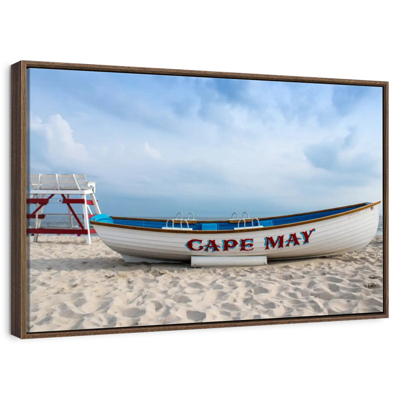 Bateau au cap May, 37 po x 25 po, Cadre flottant en noyer