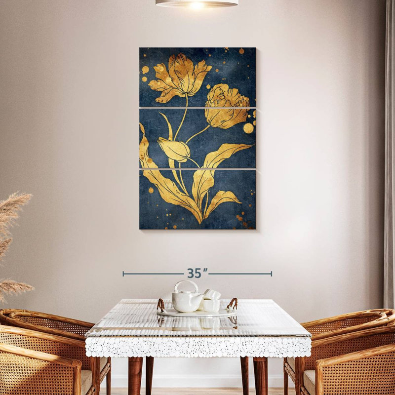 Floral bleu doré maté, H 45 po x l 28 po