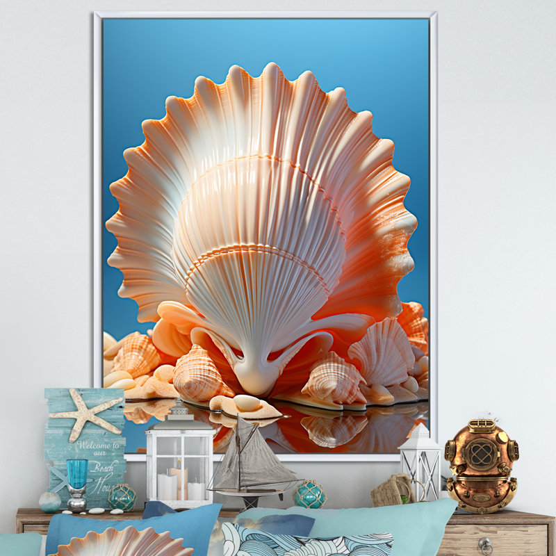 Coquilles opulentes symboliques sur toile, H 44 po x l 34 po x P 1,5 po, Cadre flottant blanc