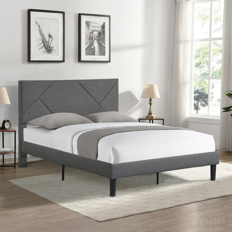 Lit stylé pour appartement, chambre d'amis, lit de chambre, structure de lit plateforme tapissier avec tête de lit, support en lattes de bois massif