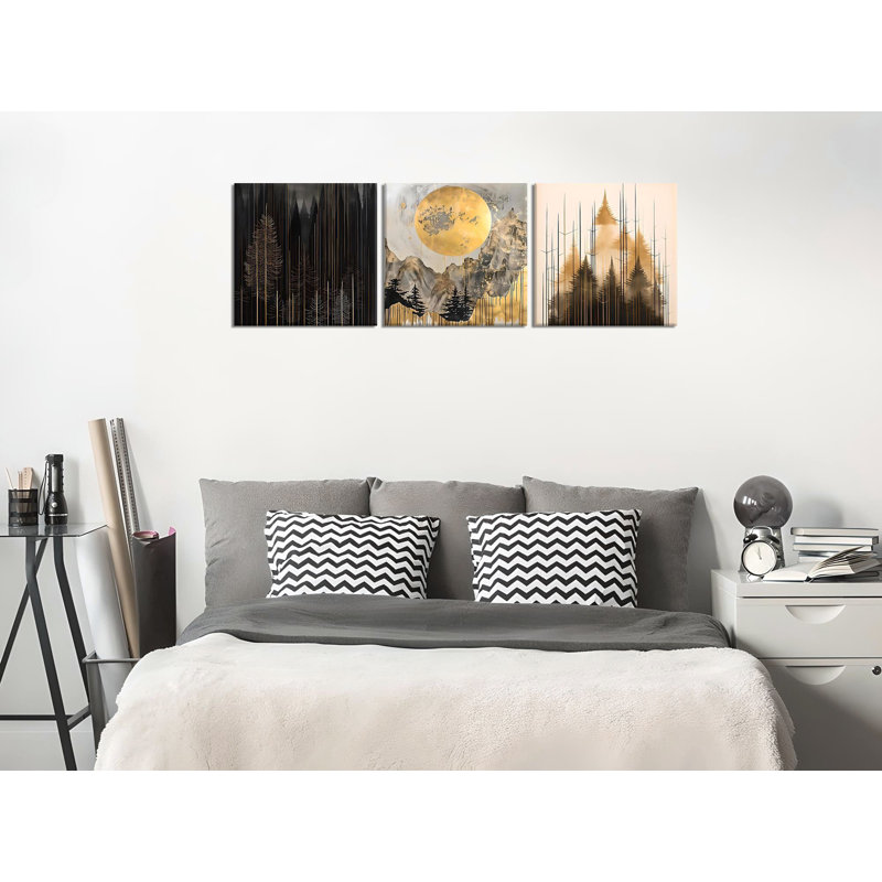 Elegant Decorative Canvas Painting Set (3 Pieces), Gold & Black, 11.8 x 11.8 inches Each | 50% Cotton / 50% Polyester with 100% Wooden Frames (Thickness: 0.8 inches) | Stunning Wall Art for Modern Home Décor