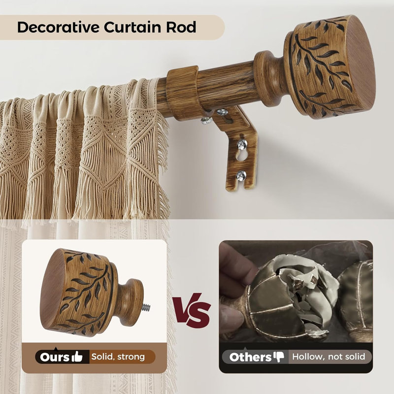 Tringle à rideaux Boho de 48 à 84 po, tringle à rideaux ajustable robuste de 1 po avec faîteaux en imitation de grain de bois, bois foncé