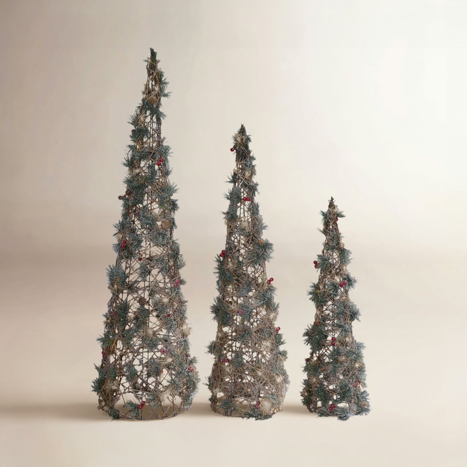 Cone Trees with Greenery Pre-Lit - Set of 3