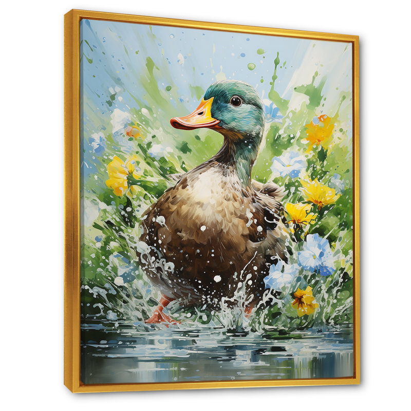 «Duck Springtime Splash Blooms», art mural canard, Cadre flottant doré, H 20 po x l 12 po x P 1 po
