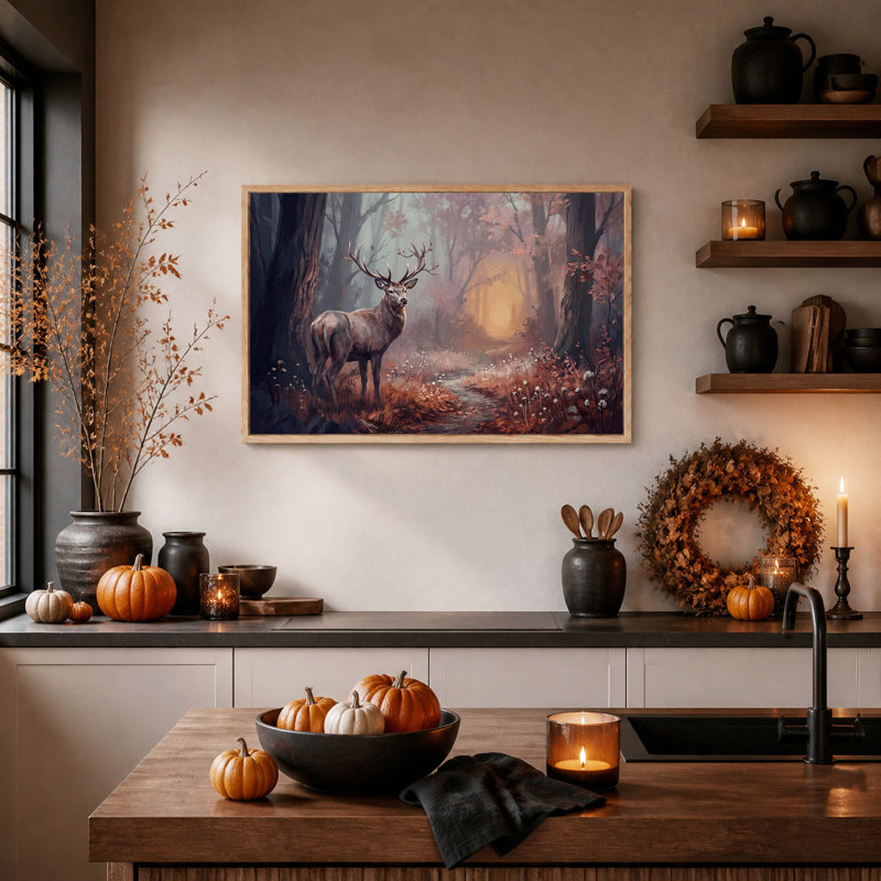 «Brown Stag debout dans une forêt d'automne brumeuse», art mural sur toile, H 24 po x l 36 po