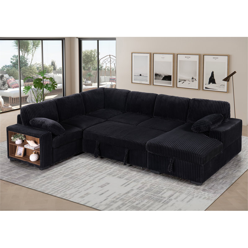 Shariff U-Shaped Corduroy Sectional Sofa with Pull-Out Bed, Storage Chaise Lounge & Open-Storage Armrest, Black Corduroy