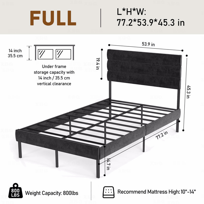Structure de lit plateforme tapissier pleine grandeur - rangement sous le lit de 14 po, tête de lit, aucun sommier tapissier requis