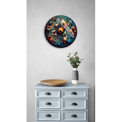 Vibrant Musical Notes on Vinyl Record Design Tempered Glass Non-Ticking Wall Clock