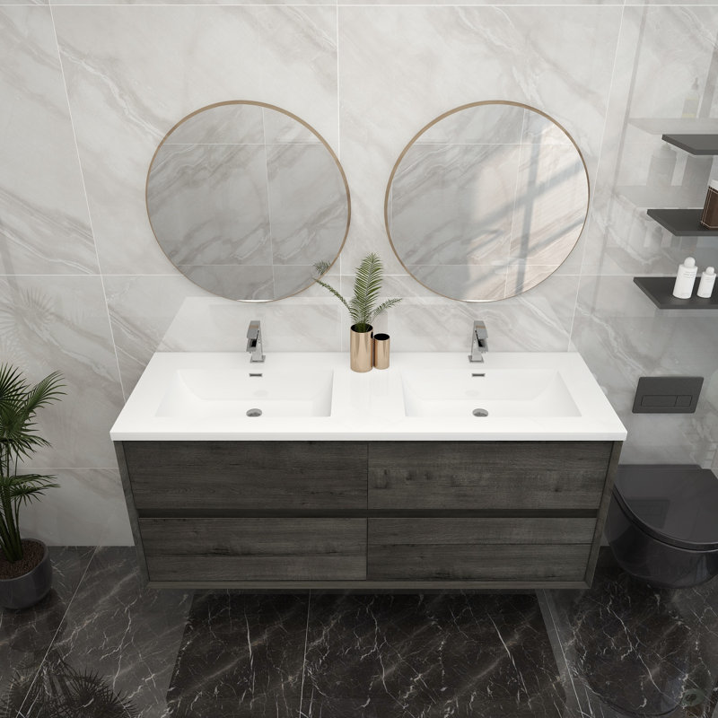 60'' Double Bathroom Vanity with Acrylic Top, Smoke Oak