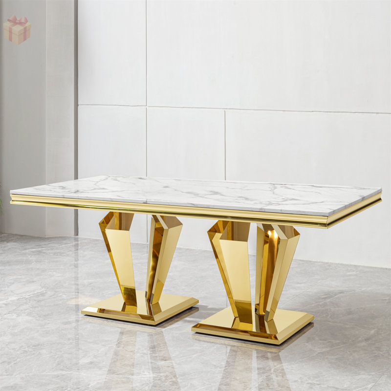 Élégante table de salle à manger en panneau de fibres à densité moyenne avec base en acier inoxydable poli doré, parfaite pour les espaces de salle à manger élégants et durables.