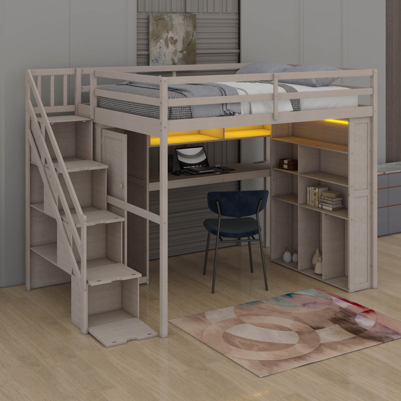 Structure de lit mezzanine avec bureau d'étude intégré et lumières DEL, lit mezzanine en bois avec garde-robe, tablettes de rangement