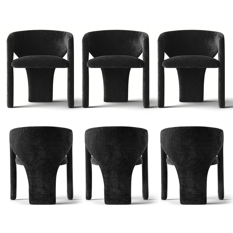 Modern Upholstered Dining Chairs Set Of 6, Sculptural Barrel Accent Side Chairs With Curved Backrest And Textured Chenille Fabric