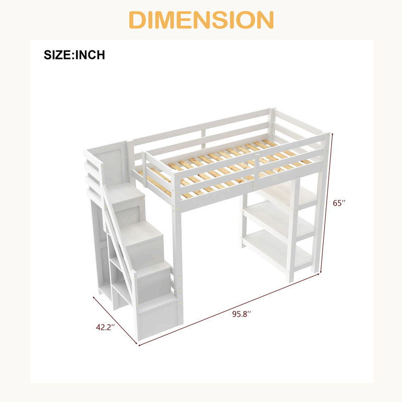 Loft Bed With Shelves, Storage Staircase, Small Wardrobe And White LED Light, Twin