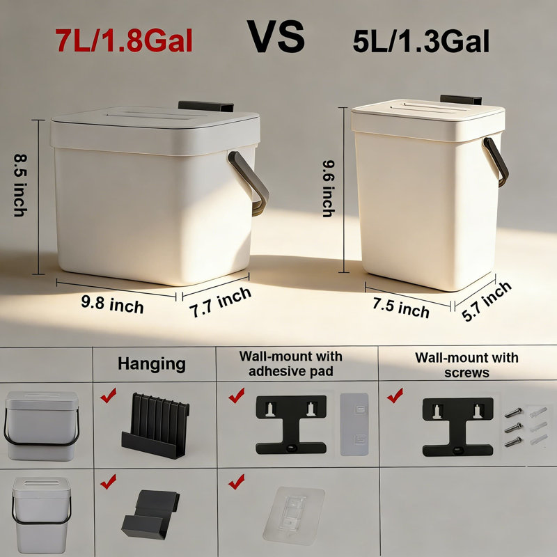 Poubelle sous l'évier avec couvercle, petite poubelle murale pour la cuisine et la salle de bain, seau à compost anti-odeurs, conception peu encombrante, lavable au lave-vaisselle