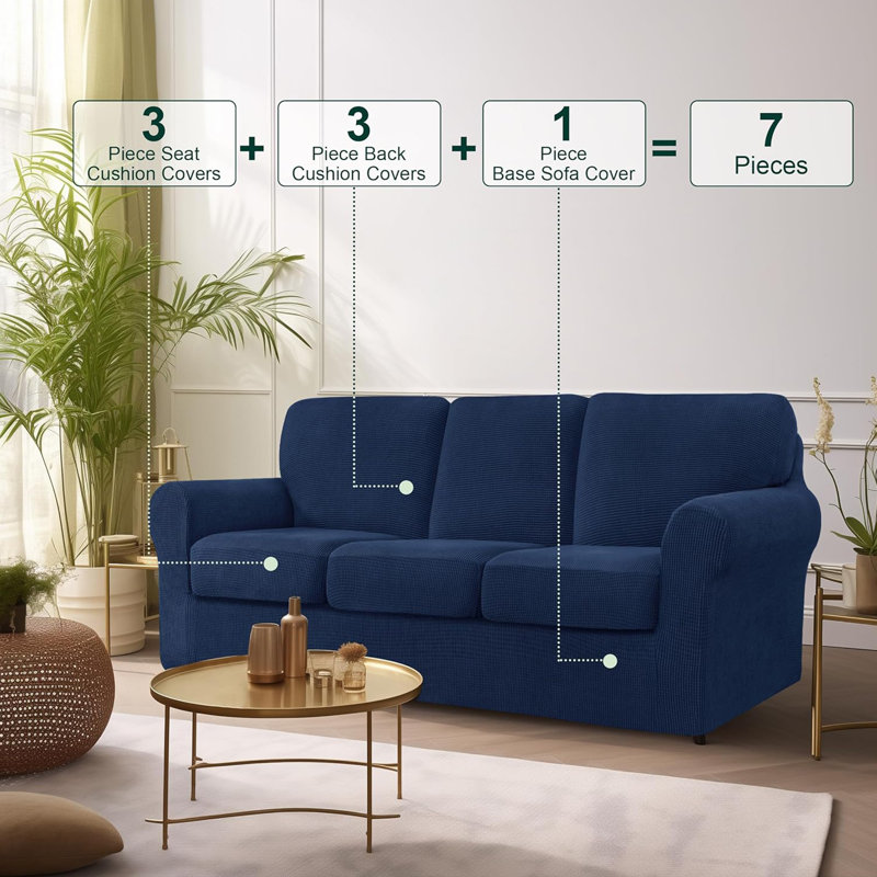 Polyester Box Cushion Sofa Slipcover, Navy Polyester