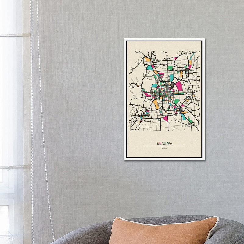 Beijing, China Map by Ayse Deniz Akerman - Print on Canvas, 66.04 cm H x 45.72 cm W, White Floater Frame