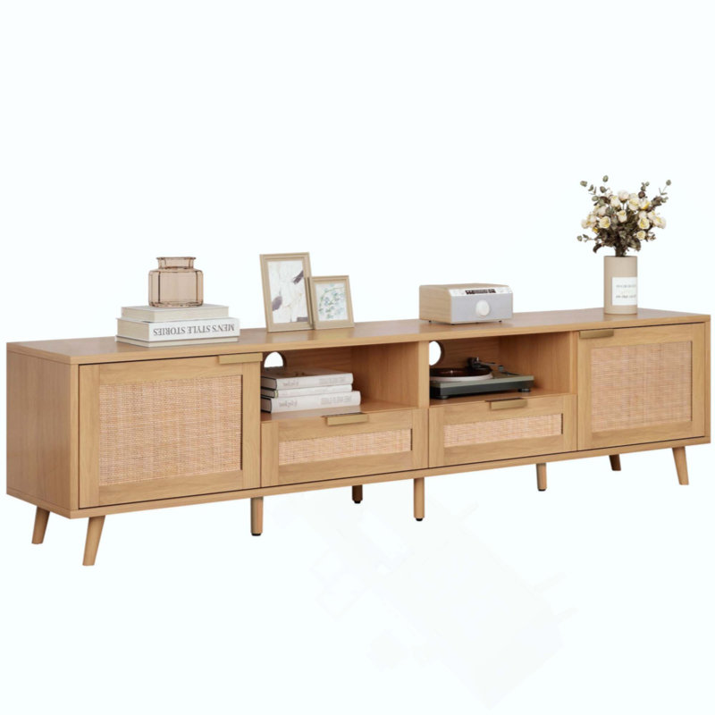 Rattan TV Stand For Tvs Up To 85'', Modern Farmhouse Media Console, Entertainment Center With Solid Wood Legs, TV Cabinet For Living Room,Home Theatre