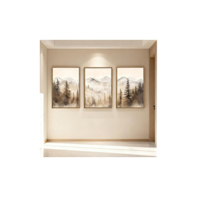 Set of 3 Mountain Forest Framed Canvas Wall Art, 16" x 24", Abstract Misty Woodland Prints