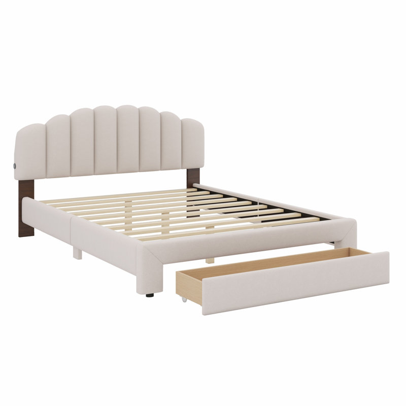 Lit plateforme tapissier avec tiroir, Beige