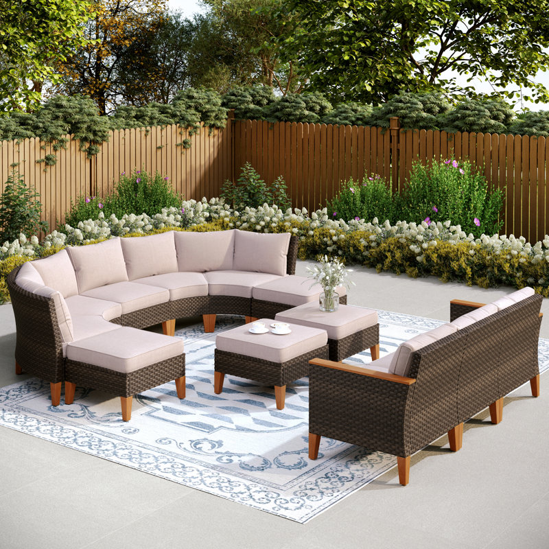 Argyri 10 Piece Wicker Outdoor Patio Conversation Furniture Sectional Set with Cushions, Beige