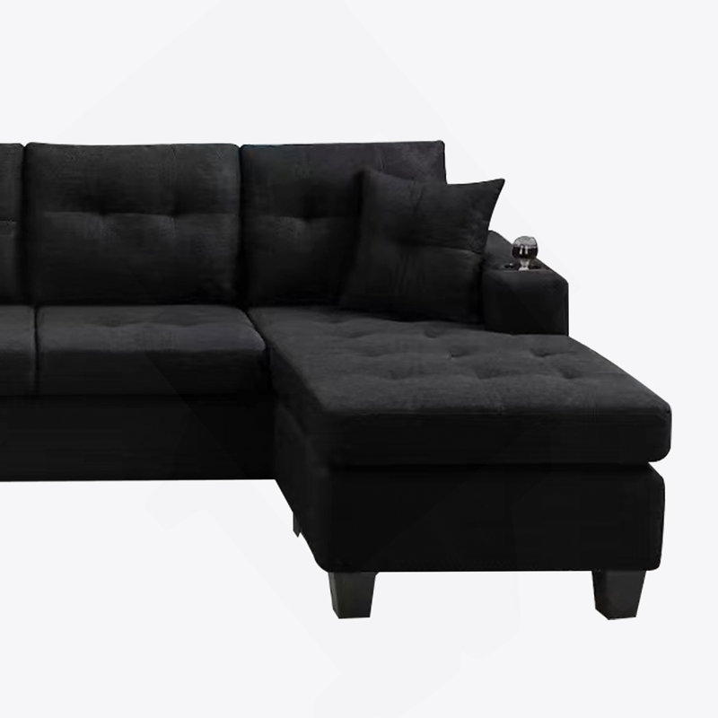 Canapé modulaire droit avec repose-pieds, canapé d'angle convertible avec rangement pour accoudoirs, Tissu noir