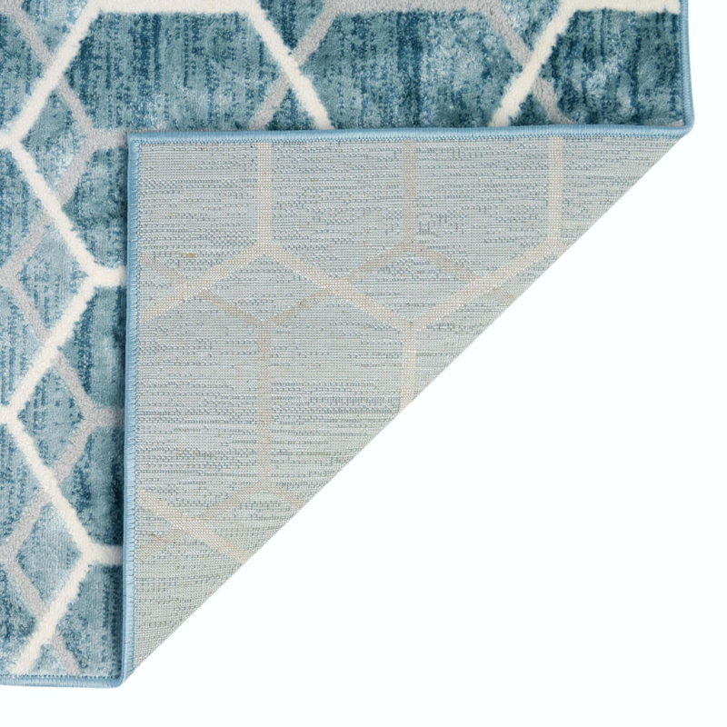 Tapis bleu / ivoire en laine Numa, Tapis de couloir 2 pi x 8 pi