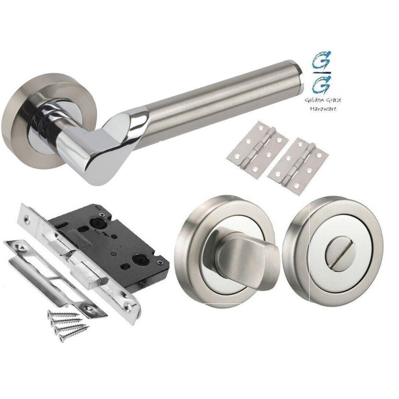  1 Set Titan Design Modern Bathroom Door Handles Lever Latch on Round Rose in Satin Nickel Finish with Pair of Ball Bearing Hinges