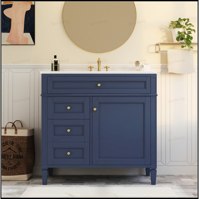 Meuble-lavabo à poignée dorée 36 po avec tiroir basculant et lavabo