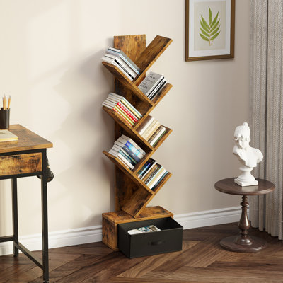 Bibliothèque d'arbre avec bibliothèque à tiroirs, rangement pour livres moderne, bibliothèque pour arbre autoportante, étagères de rangement utilitaires pour bureau à domicile, salon, chambre à coucher, brun rustique